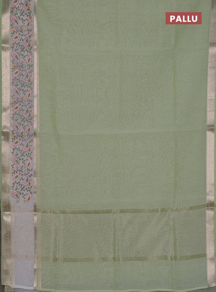 Kota saree pista green and off white with plain body and embroidery work border
