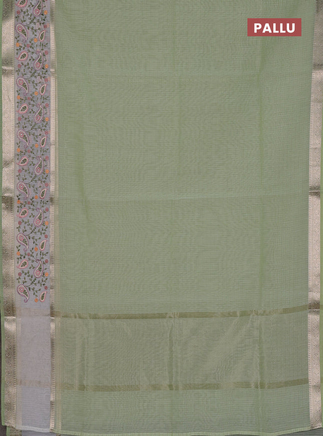 Kota saree pista green and off white with plain body and embroidery work border