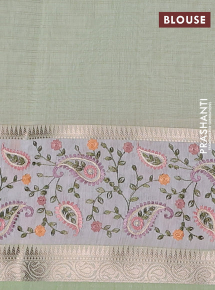 Kota saree pista green and off white with plain body and embroidery work border