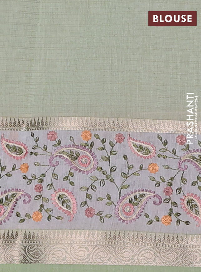Kota saree pista green and off white with plain body and embroidery work border