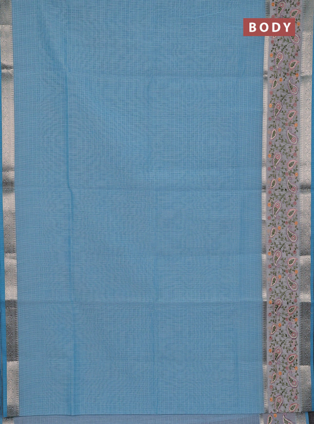 Kota saree light blue and off white with plain body and embroidery work border