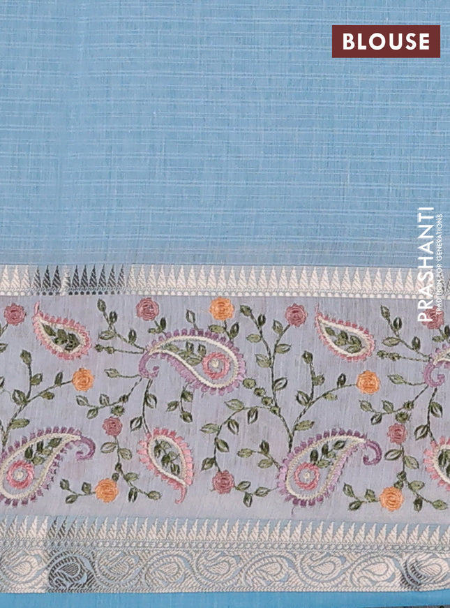 Kota saree light blue and off white with plain body and embroidery work border
