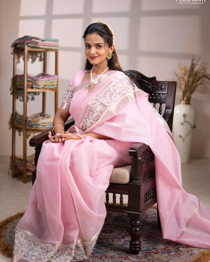 Kota saree light pink and off white with plain body and embroidery work border