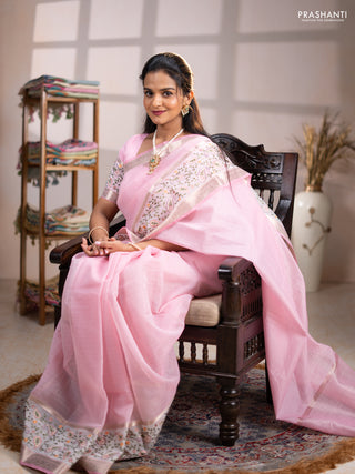 Kota saree light pink and off white with plain body and embroidery work border