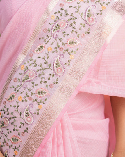 Kota saree light pink and off white with plain body and embroidery work border