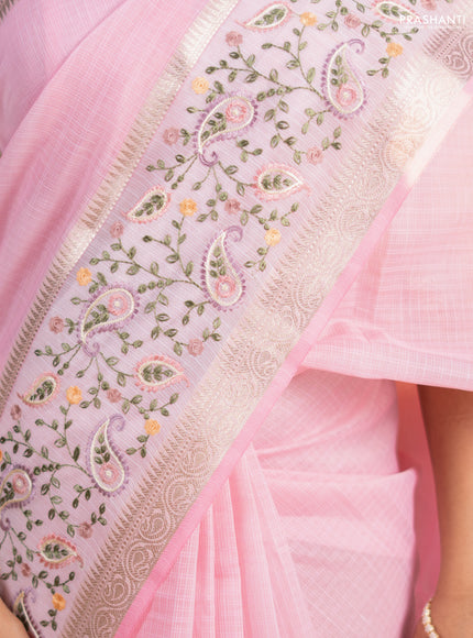 Kota saree light pink and off white with plain body and embroidery work border