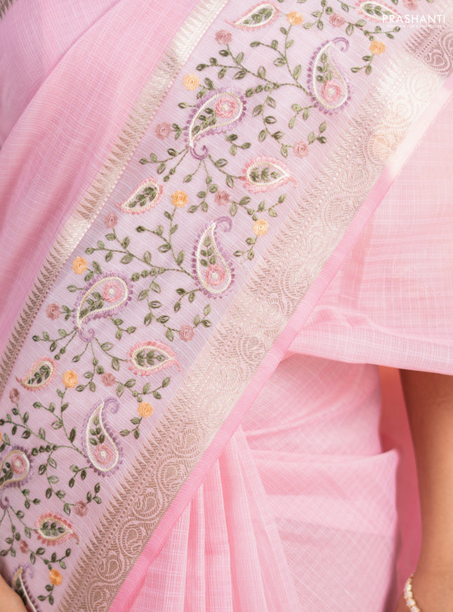 Kota saree light pink and off white with plain body and embroidery work border