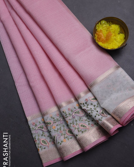 Kota saree light pink and off white with plain body and embroidery work border