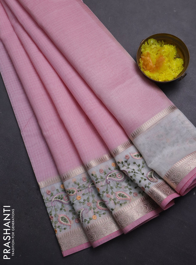 Kota saree light pink and off white with plain body and embroidery work border