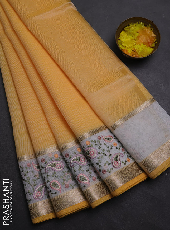 Kota saree yellow and off white with plain body and embroidery work border