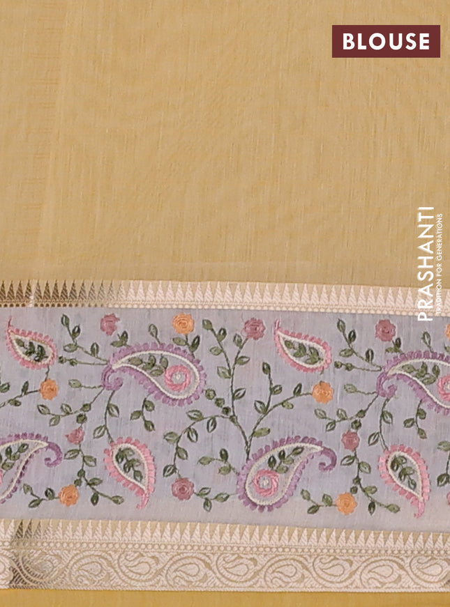 Kota saree yellow and off white with plain body and embroidery work border