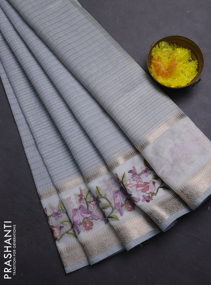 Kota saree grey and off white with plain body and embroidery work border