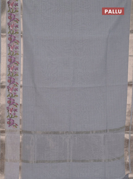 Kota saree grey and off white with plain body and embroidery work border