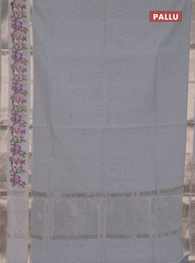 Kota saree grey and off white with plain body and embroidery work border