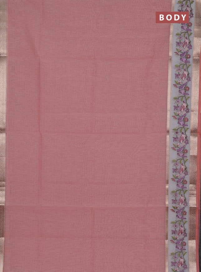 Kota saree peach shade and off white with plain body and embroidery work border