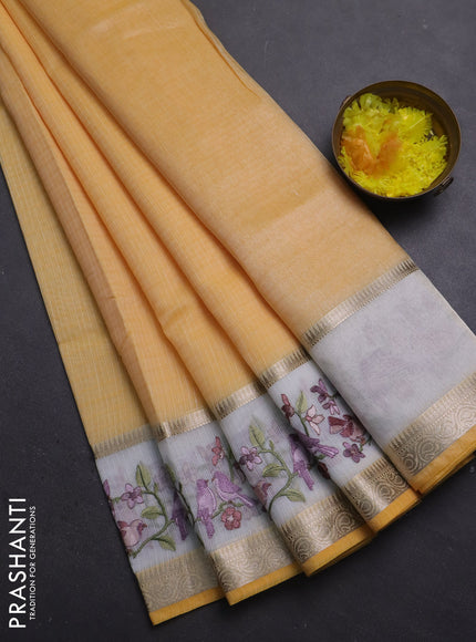 Kota saree yellow and off white with plain body and embroidery work border