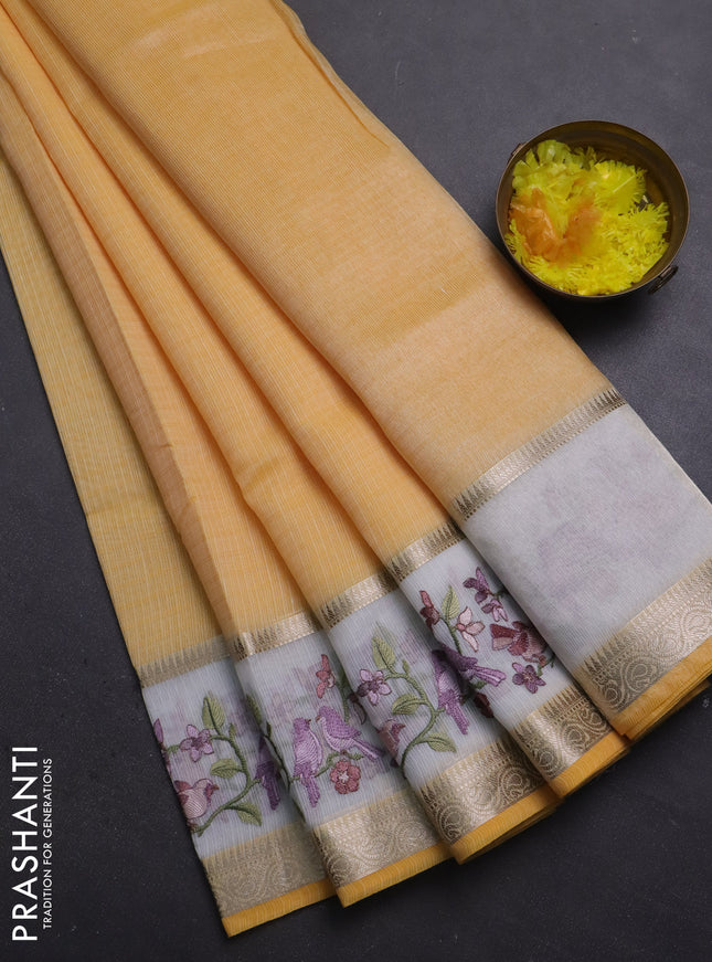 Kota saree yellow and off white with plain body and embroidery work border