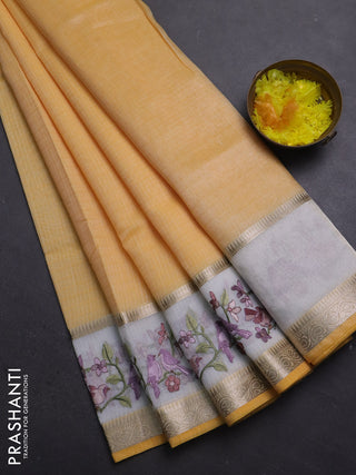 Kota saree yellow and off white with plain body and embroidery work border