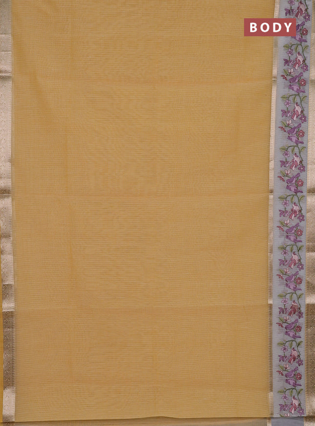 Kota saree yellow and off white with plain body and embroidery work border