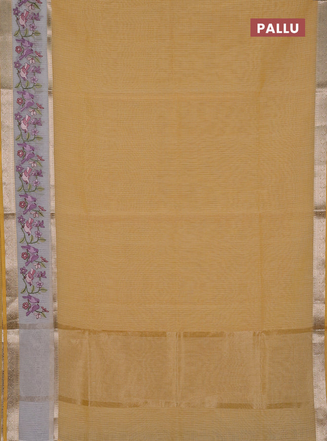 Kota saree yellow and off white with plain body and embroidery work border