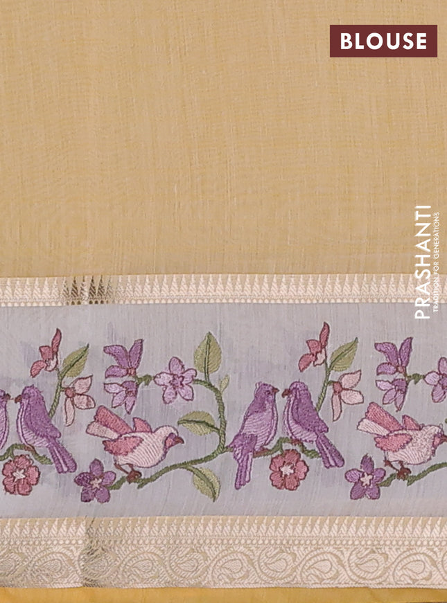 Kota saree yellow and off white with plain body and embroidery work border
