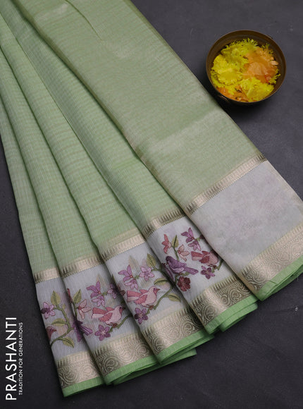 Kota saree pista green and off white with plain body and embroidery work border