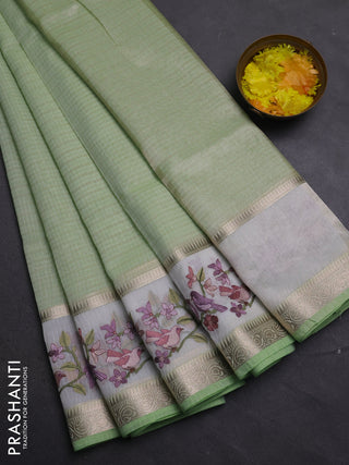 Kota saree pista green and off white with plain body and embroidery work border
