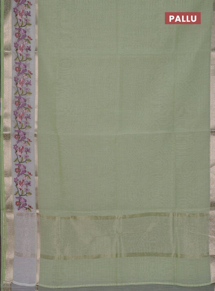 Kota saree pista green and off white with plain body and embroidery work border
