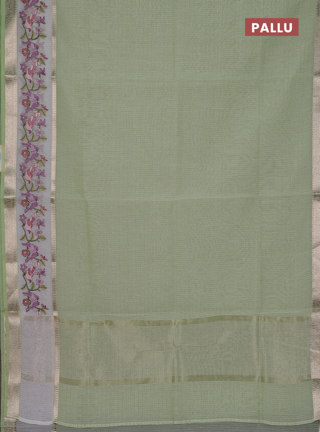 Kota saree pista green and off white with plain body and embroidery work border