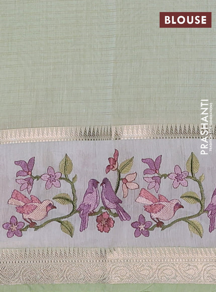 Kota saree pista green and off white with plain body and embroidery work border