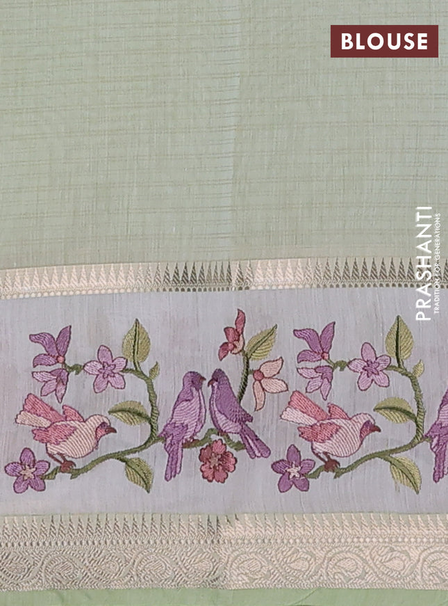 Kota saree pista green and off white with plain body and embroidery work border