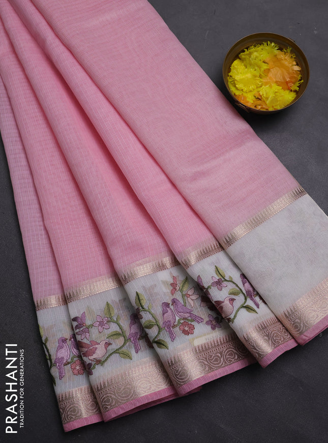 Kota saree light pink and off white with plain body and embroidery work border