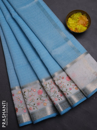 Kota saree light blue and off white with plain body and embroidery work border
