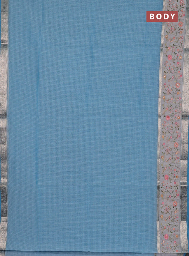 Kota saree light blue and off white with plain body and embroidery work border