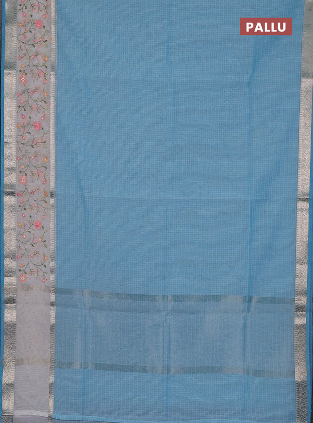 Kota saree light blue and off white with plain body and embroidery work border