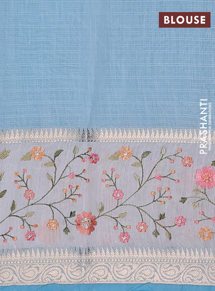 Kota saree light blue and off white with plain body and embroidery work border