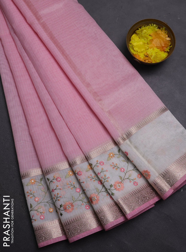 Kota saree light pink and off white with plain body and embroidery work border
