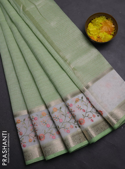 Kota saree pista green and off white with plain body and embroidery work border