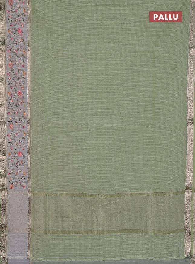 Kota saree pista green and off white with plain body and embroidery work border