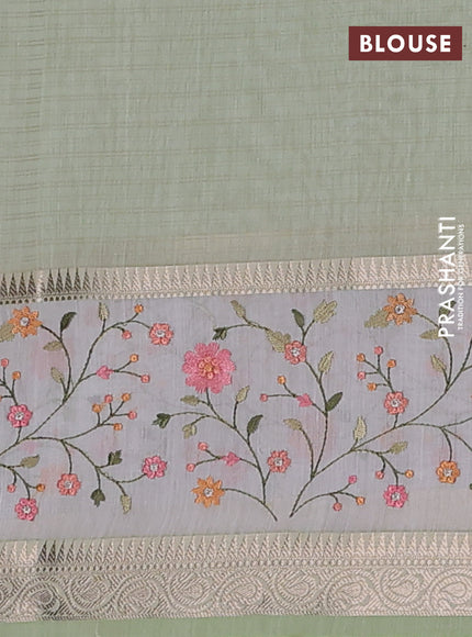 Kota saree pista green and off white with plain body and embroidery work border