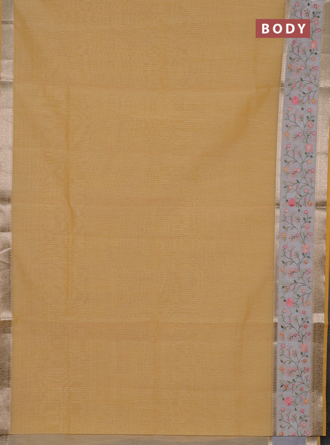 Kota saree yellow and off white with plain body and embroidery work border