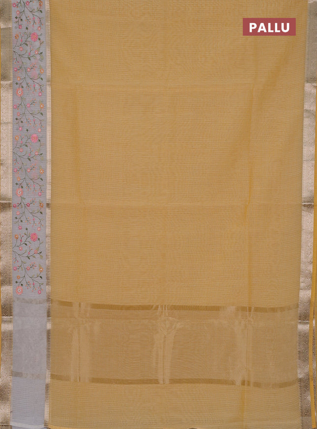 Kota saree yellow and off white with plain body and embroidery work border