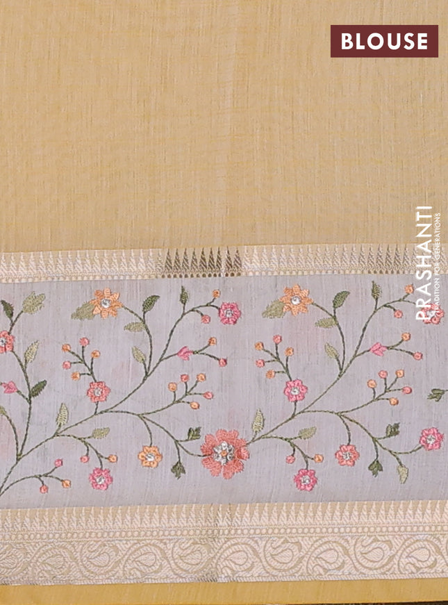Kota saree yellow and off white with plain body and embroidery work border
