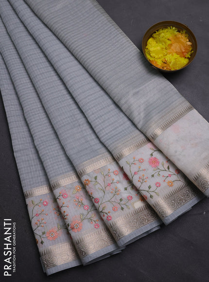 Kota saree grey and off white with plain body and embroidery work border