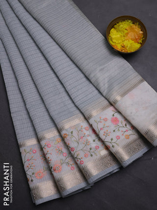 Kota saree grey and off white with plain body and embroidery work border