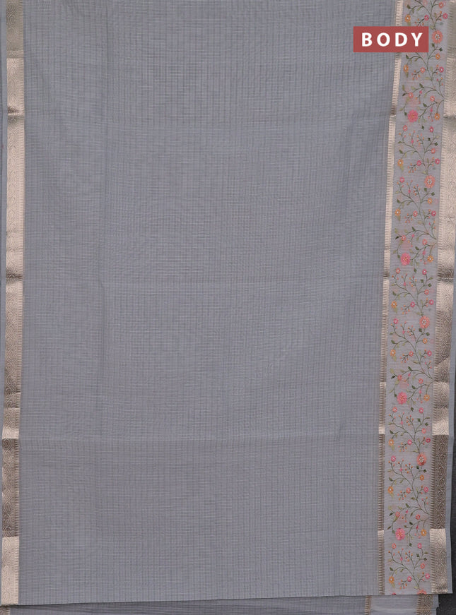 Kota saree grey and off white with plain body and embroidery work border