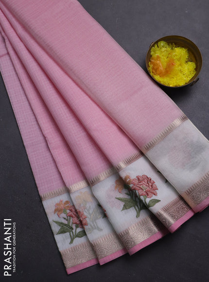 Kota saree light pink and off white with plain body and embroidery work border
