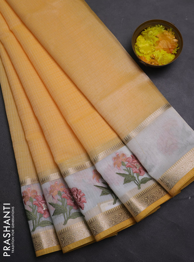 Kota saree yellow and off white with plain body and embroidery work border