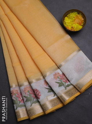 Kota saree yellow and off white with plain body and embroidery work border