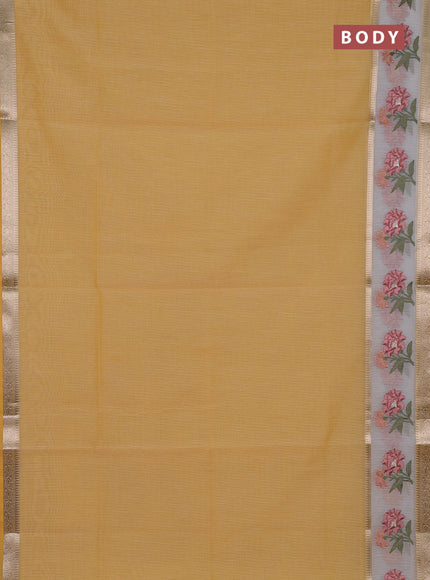 Kota saree yellow and off white with plain body and embroidery work border